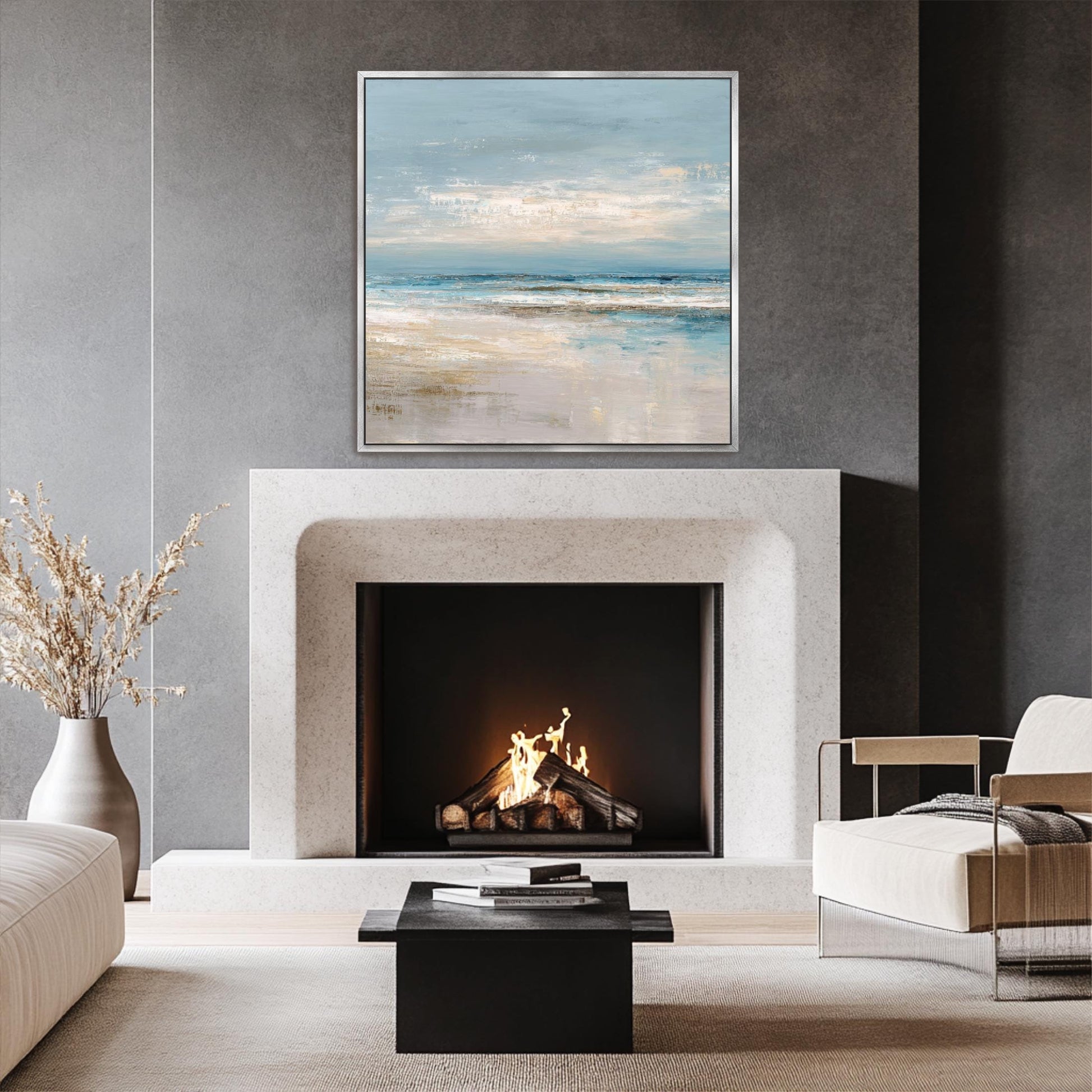 Abstract Square Art, Ocean Beach House Decor, Seascape, Neutral Blue Beige, Framed Canvas Print, Shipped Ready to Hang Large Artwork