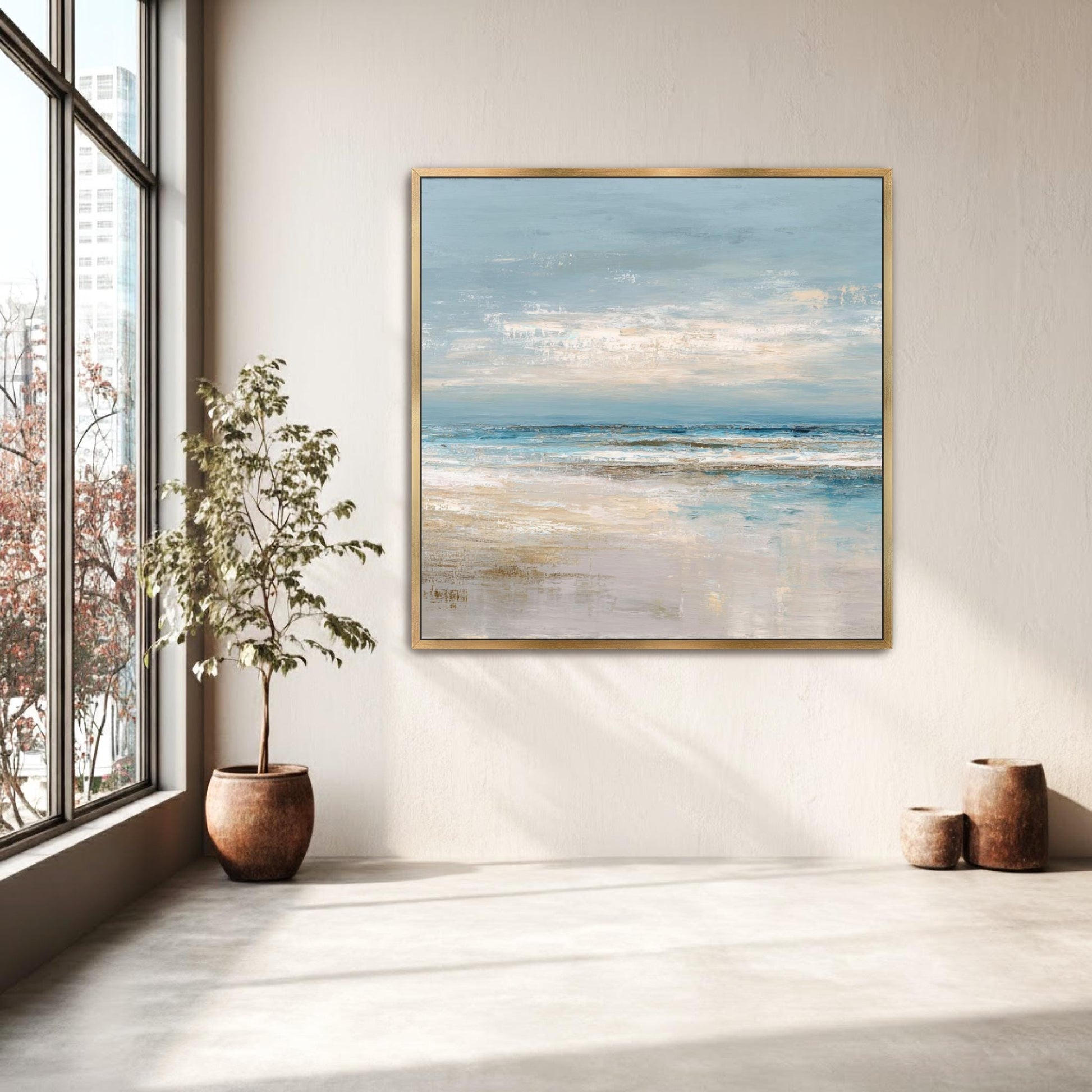 Abstract Square Art, Ocean Beach House Decor, Seascape, Neutral Blue Beige, Framed Canvas Print, Shipped Ready to Hang Large Artwork