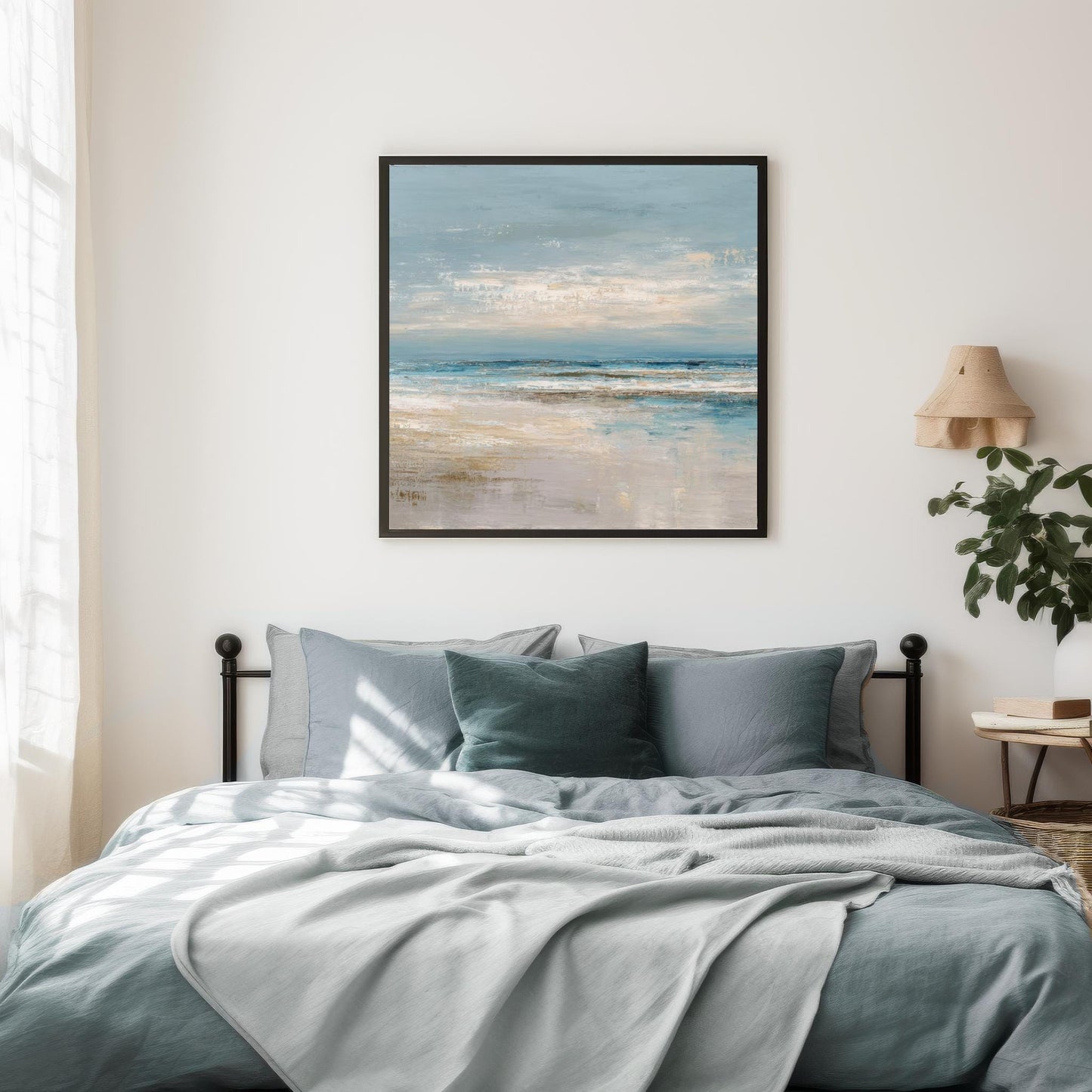 Abstract Square Art, Ocean Beach House Decor, Seascape, Neutral Blue Beige, Framed Canvas Print, Shipped Ready to Hang Large Artwork