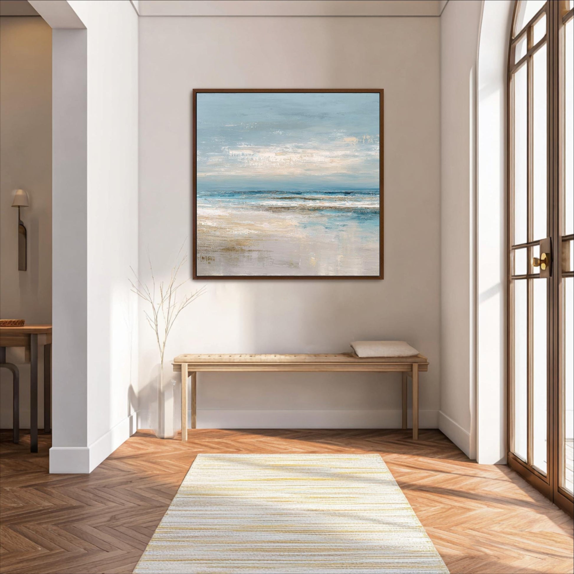 Abstract Square Art, Ocean Beach House Decor, Seascape, Neutral Blue Beige, Framed Canvas Print, Shipped Ready to Hang Large Artwork