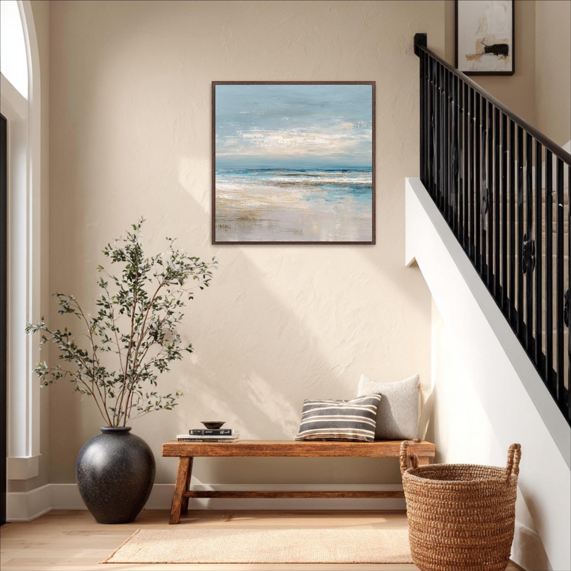 Abstract Square Art, Ocean Beach House Decor, Seascape, Neutral Blue Beige, Framed Canvas Print, Shipped Ready to Hang Large Artwork