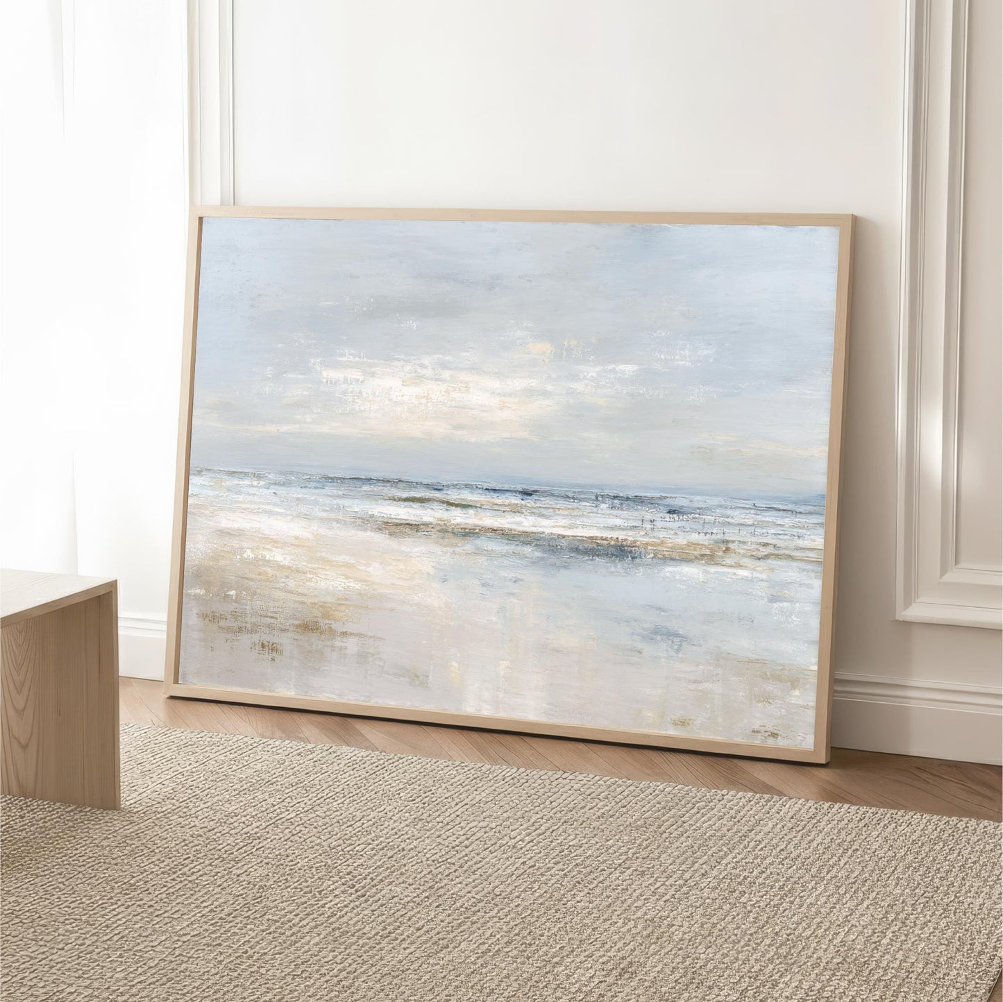 Abstract Coastal Horizon ocean Landscape art. This calming abstract ocean painting features muted soft blue, beige, and white tones that capture the peaceful beauty of the shoreline. This coastal wall art brings a soothing beach atmosphere to any room, perfect for modern, coastal, or minimalist décor.