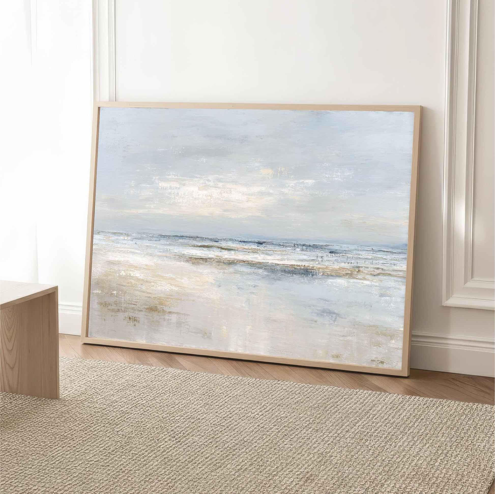 Abstract Coastal Horizon ocean Landscape art. This calming abstract ocean painting features muted soft blue, beige, and white tones that capture the peaceful beauty of the shoreline. This coastal wall art brings a soothing beach atmosphere to any room, perfect for modern, coastal, or minimalist décor.