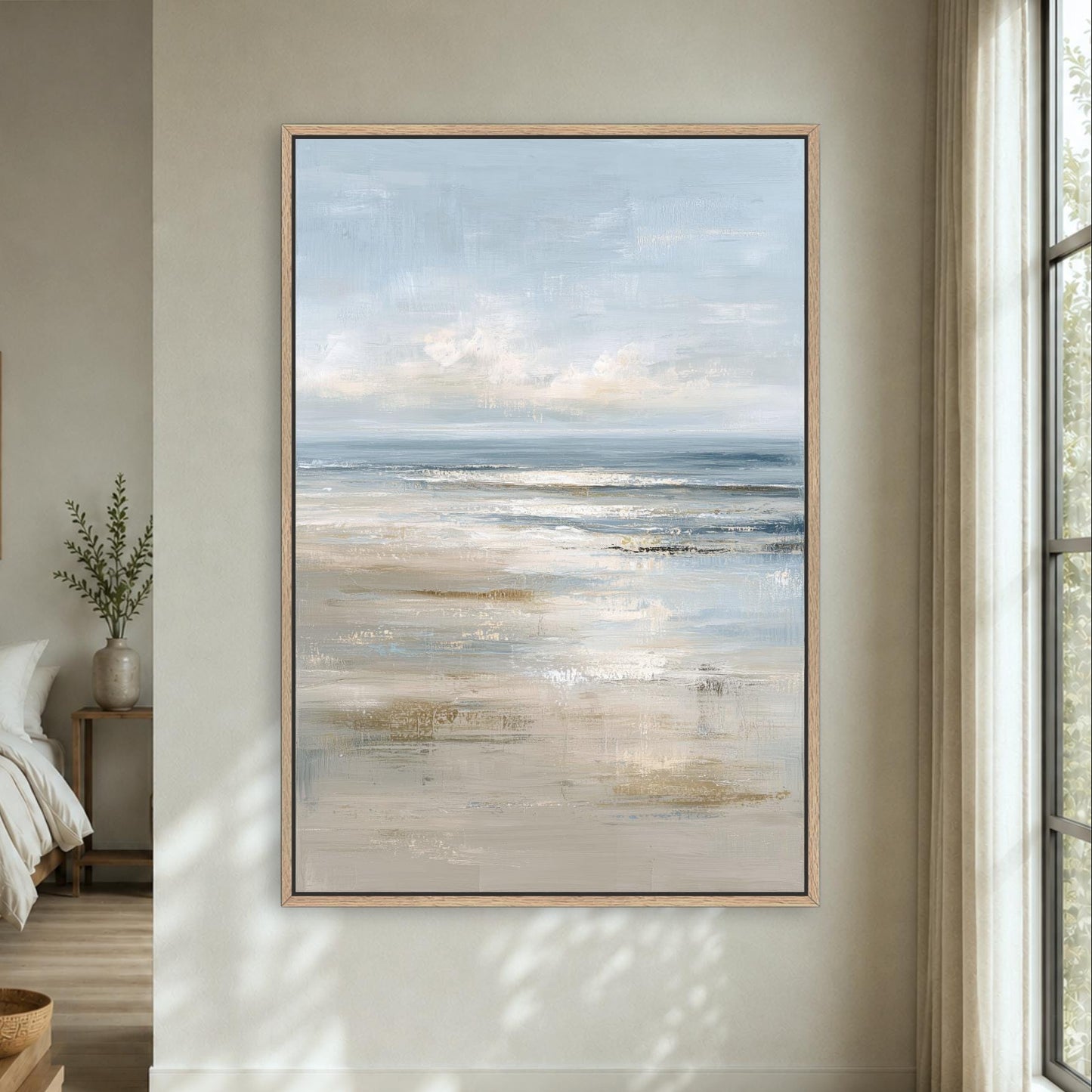 Abstract Ocean Framed Canvas Portrait Art, Coastal Seascape Muted Light Blue Beige, Modern Beach Landscape Artwork, Cottage Beach Print