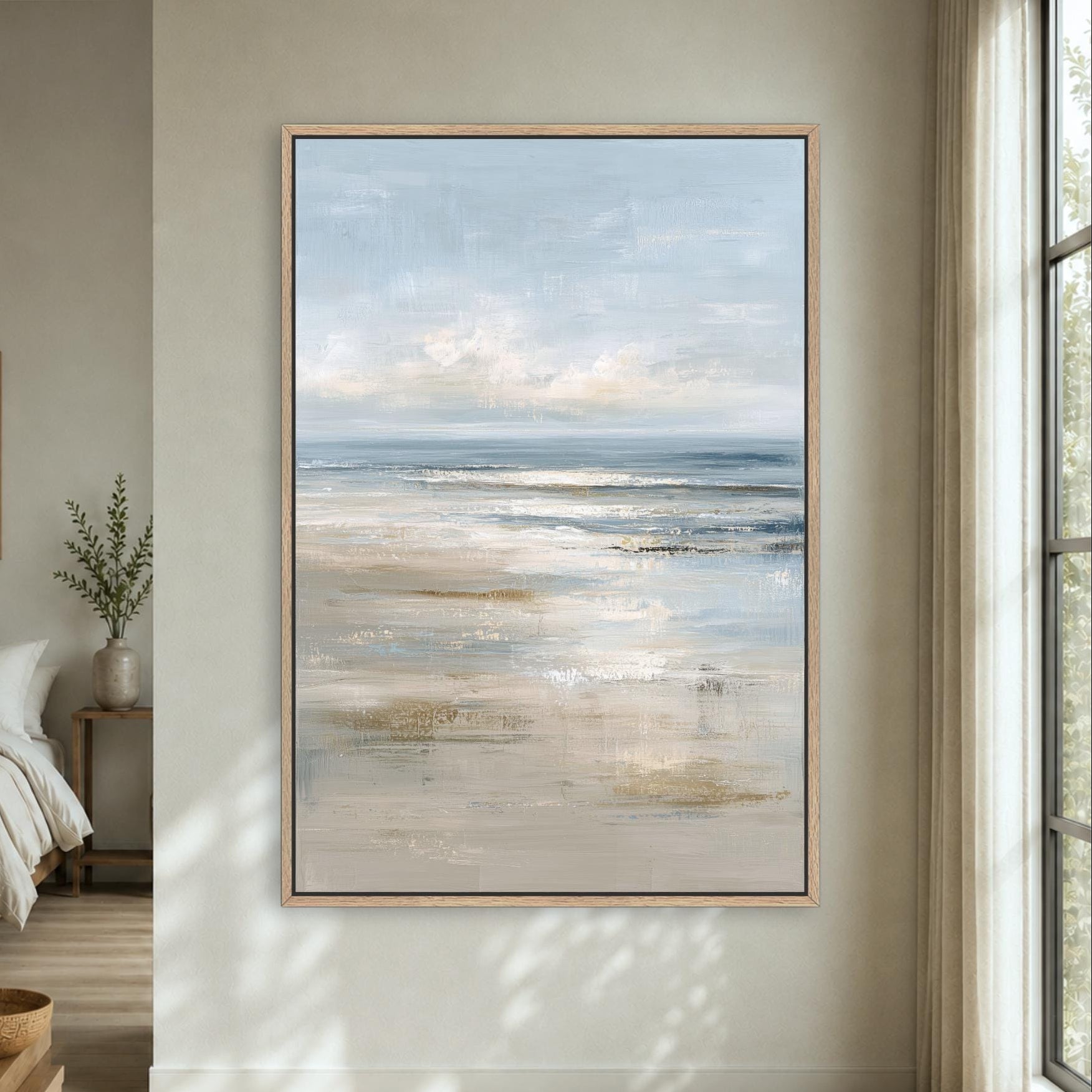 Abstract Ocean Framed Canvas Portrait Art, Coastal Seascape Muted Light Blue Beige, Modern Beach Landscape Artwork, Cottage Beach Print