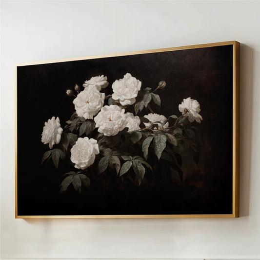 Moody White Roses Vintage Art

Our moody white roses canvas art brings a moody floral painting to your home, blending dark cottagecore decor with vintage flower artwork to create a muted aesthetic flowers display that transforms any room.
