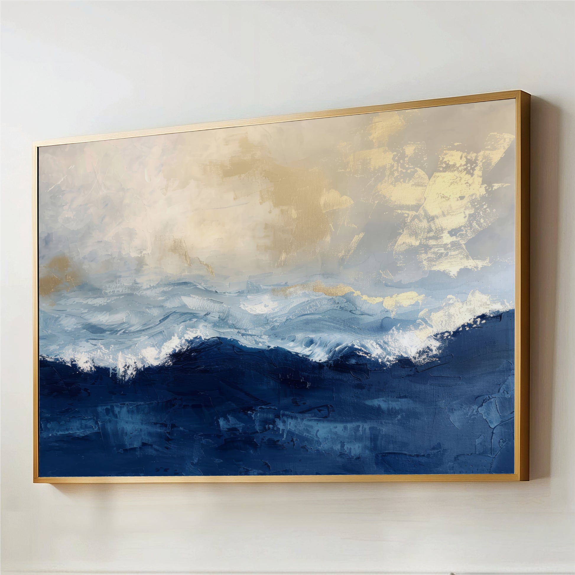 Ocean and sky art faux gold and navy blue  large landscape framed art canvas print