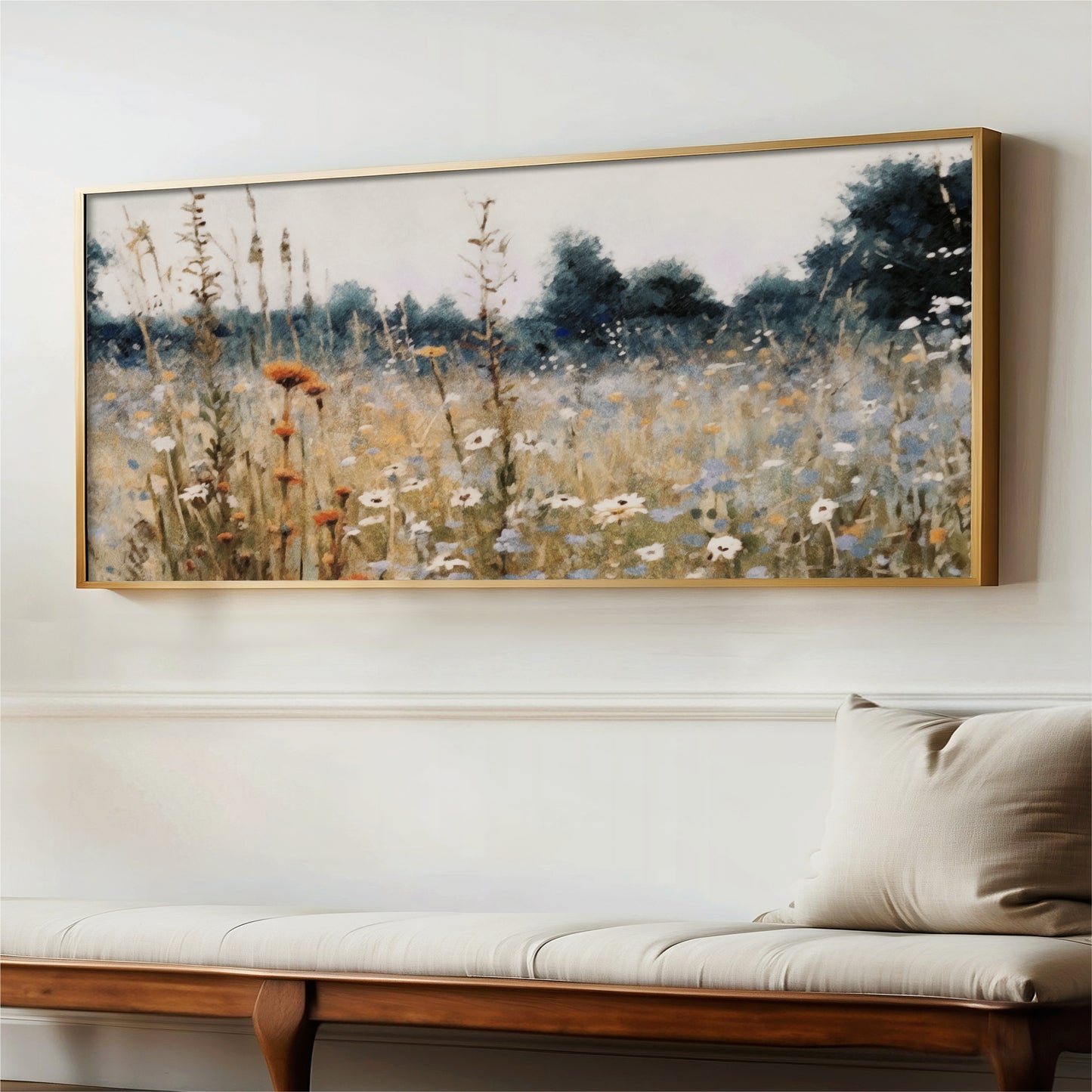 Landscape Field of Flowers Framed Canvas Art, Panoramic Aesthetic Fall Wall Art Painting Large Artwork, Nature Scenic Fine Art Picture