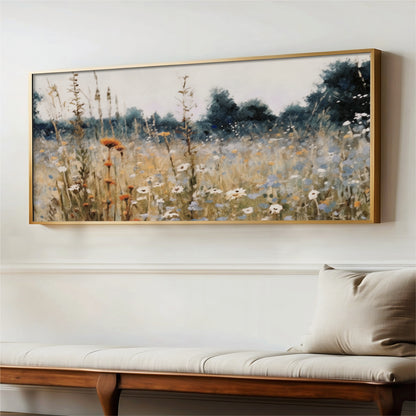Landscape Field of Flowers Framed Canvas Art, Panoramic Aesthetic Fall Wall Art Painting Large Artwork, Nature Scenic Fine Art Picture