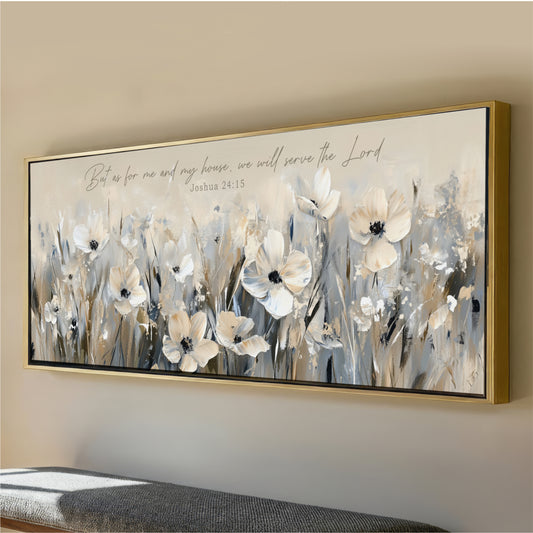 As for Me and My House, Neutral Floral Wall Art, Landscape Meadow Modern Bible Verse Artwork, We Will Serve the Lord Joshua, Christian Gift