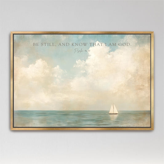 Be Still Sailboat Art, Scripture Wall Decor Framed Coastal Nautical Vintage Seascape Painting Psalm 46:10, Cottage Beach House, Bible Verse