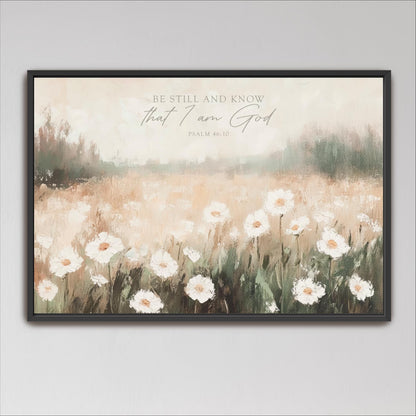 Be Still and Know that I am God, Psalm 46:10 Scripture Artwork, Landscape Field Wildflowers Framed Painting Canvas Print Shipped Farmhouse
