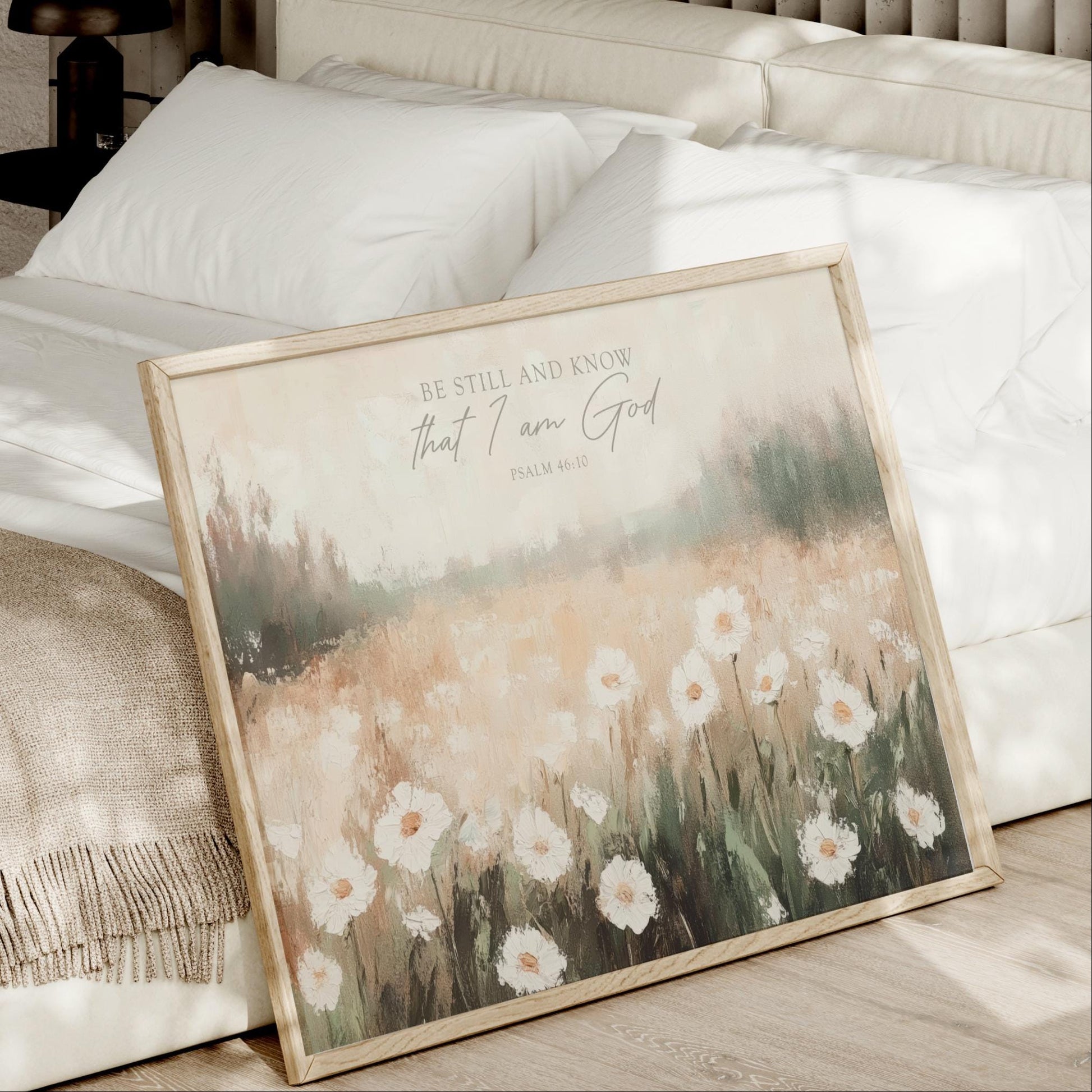 Be Still and Know that I am God, Psalm 46:10 Scripture Artwork, Landscape Field Wildflowers Framed Painting Canvas Print Shipped Farmhouse