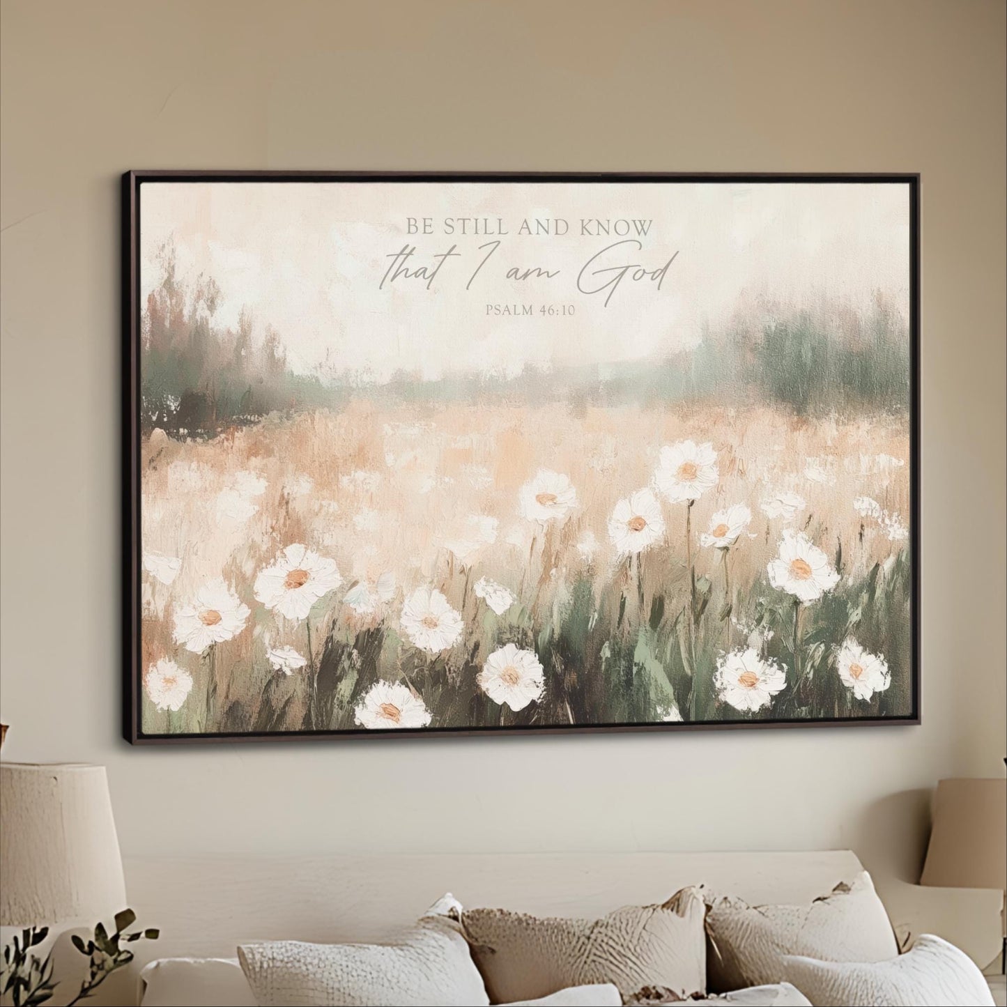 Be Still and Know that I am God, Psalm 46:10 Scripture Artwork, Landscape Field Wildflowers Framed Painting Canvas Print Shipped Farmhouse
