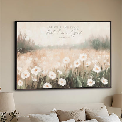 Be Still and Know that I am God, Psalm 46:10 Scripture Artwork, Landscape Field Wildflowers Framed Painting Canvas Print Shipped Farmhouse