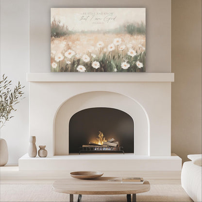 Be Still and Know that I am God, Psalm 46:10 Scripture Artwork, Landscape Field Wildflowers Framed Painting Canvas Print Shipped Farmhouse