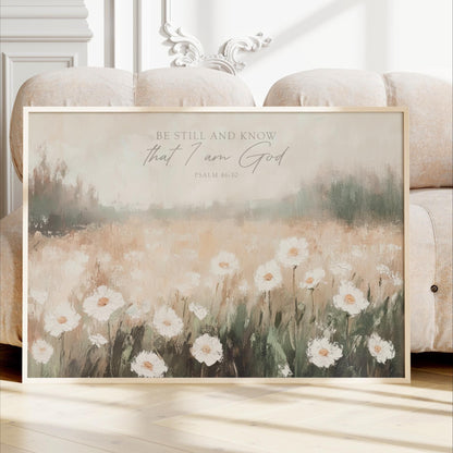 Be Still and Know that I am God, Psalm 46:10 Scripture Artwork, Landscape Field Wildflowers Framed Painting Canvas Print Shipped Farmhouse