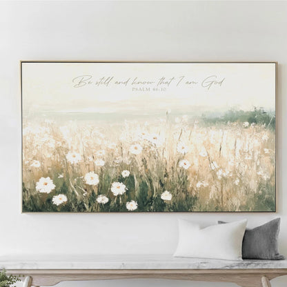 Be Still and Know that I am God, Coastal Wall Art Meadow, Field of Wildflowers, Psalm 46:10 Scripture Landscape Framed Canvas Print
