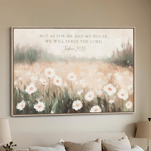 Bible Verse Wall Art, Field of Wildflowers Neutral Vintage Oil Painting Look, Christian Scripture Decor, As for Me and My House Joshua 24:15