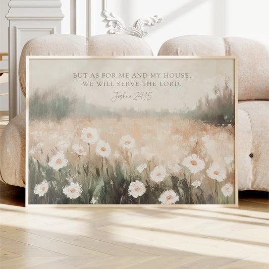Bible Verse Wall Art, Field of Wildflowers Neutral Vintage Oil Painting Look, Christian Scripture Decor, As for Me and My House Joshua 24:15