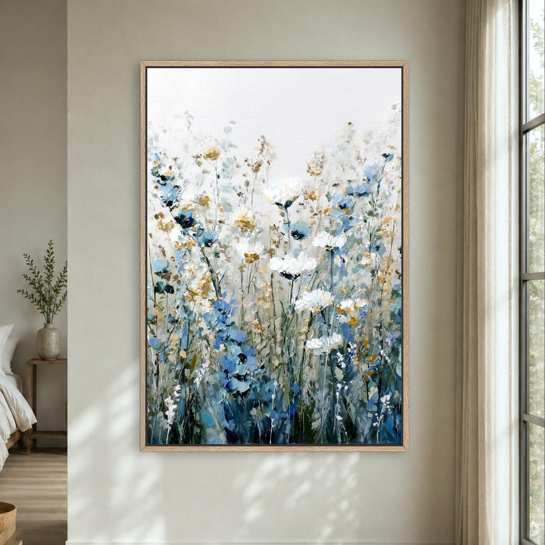 Blue Floral Framed Canvas Print, Flowers Wall Art, Wildflower Artwork Oil Painting Effect Nature Decor, Hallway Entryway Vertical Shipped