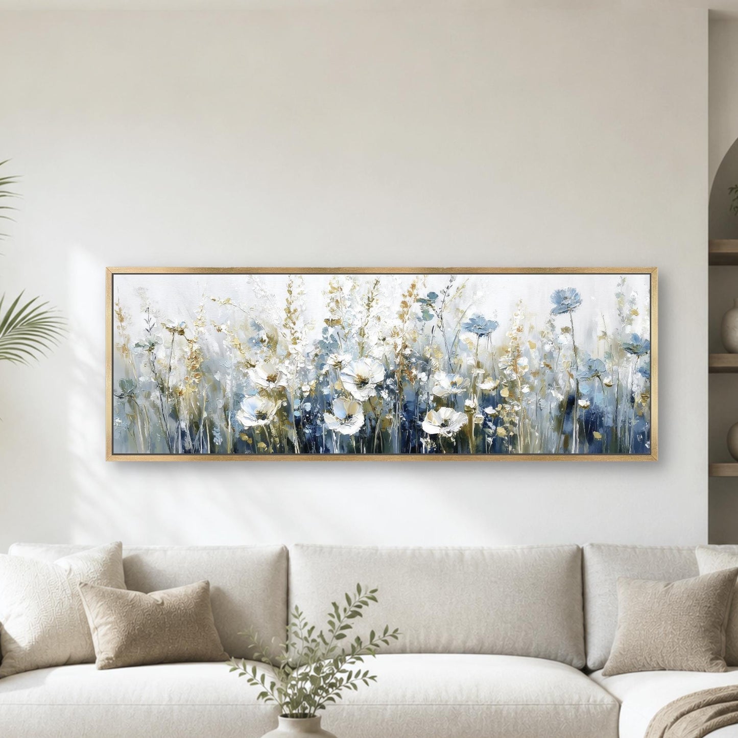Blue Wildflowers Large Wide Wall Art, Flowers Framed Canvas Floral Artwork Oil Painting Effect Nature Decor, Over Bed