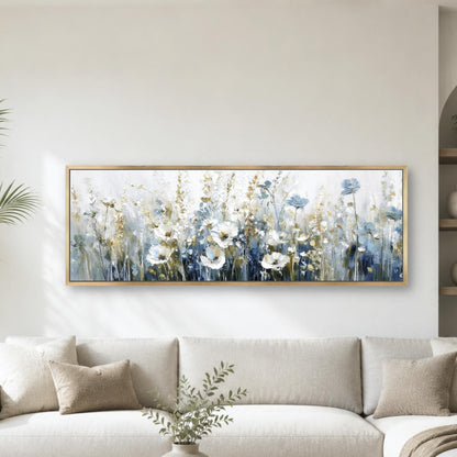 Blue Wildflowers Large Wide Wall Art, Flowers Framed Canvas Floral Artwork Oil Painting Effect Nature Decor, Over Bed
