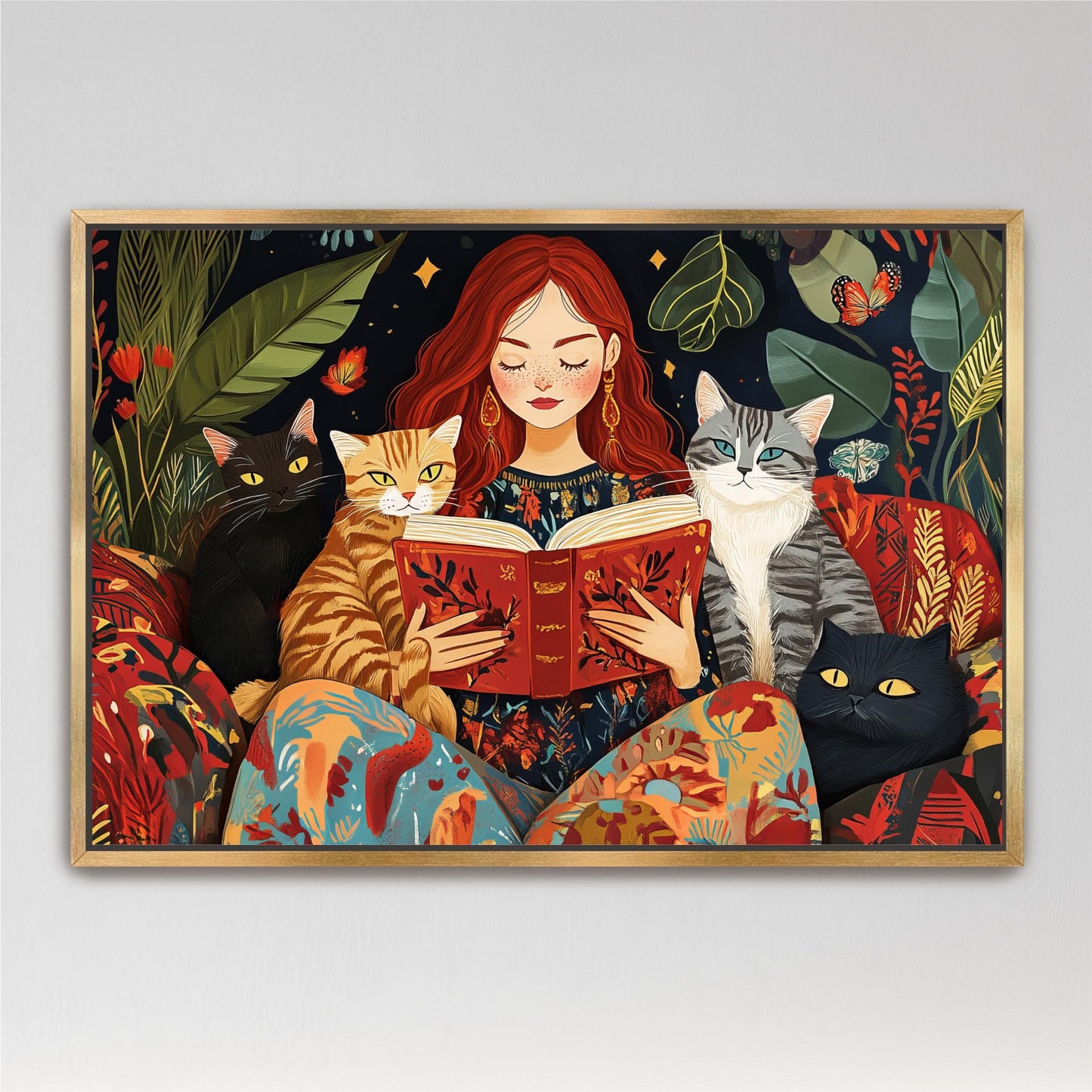 Boho Red Headed Beautiful Woman Reading with Cats Art, Book Lovers, Colorful Framed Canvas Print