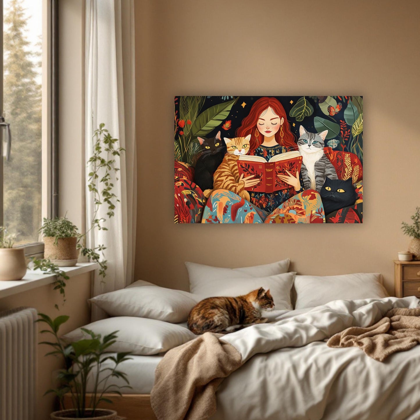 Boho Red Headed Beautiful Woman Reading with Cats Art, Book Lovers, Colorful Framed Canvas Print