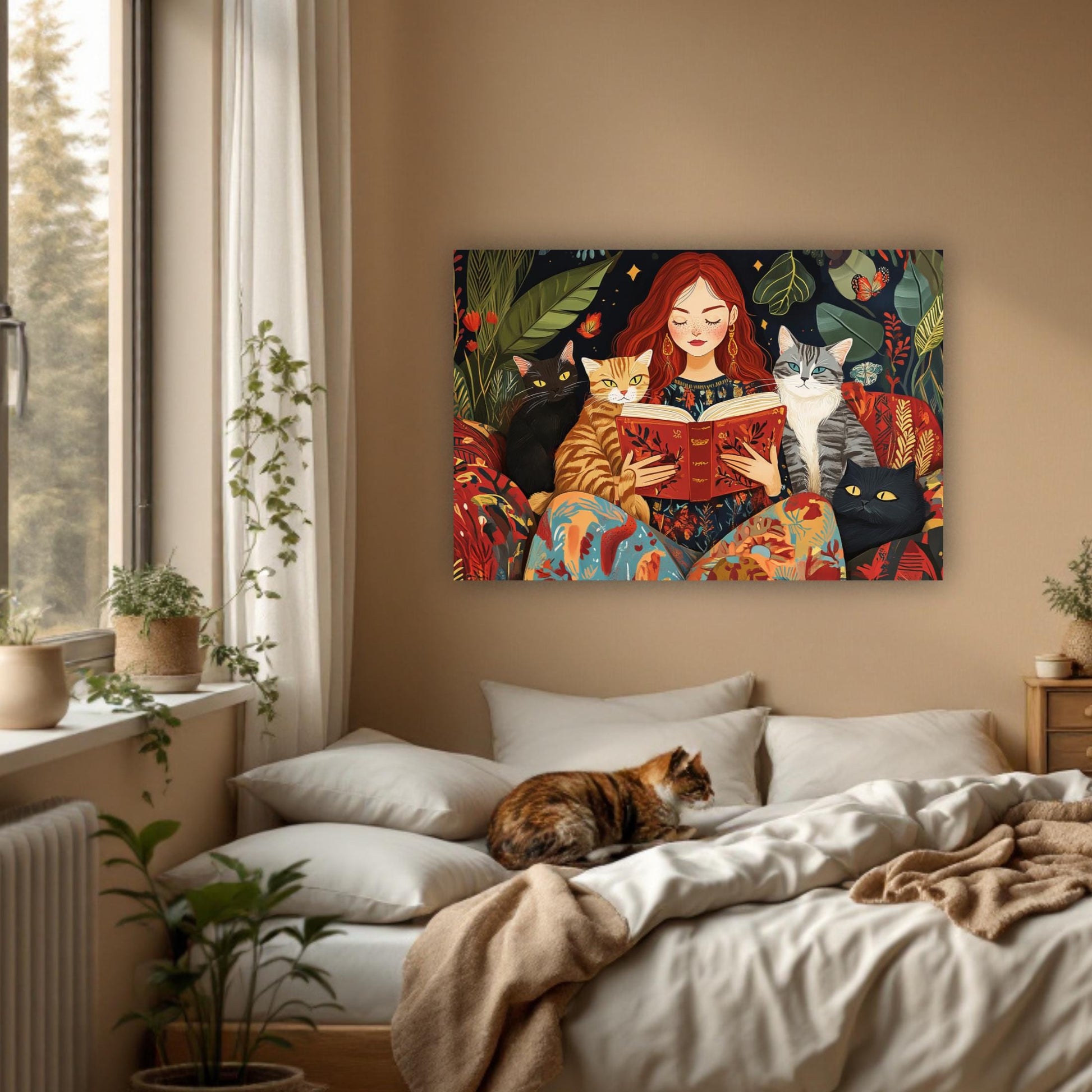 Boho Red Headed Beautiful Woman Reading with Cats Art, Book Lovers, Colorful Framed Canvas Print