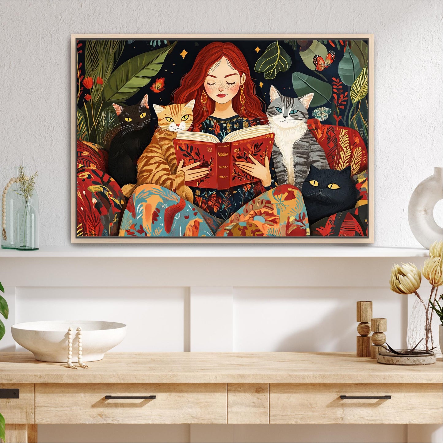 Boho Red Headed Beautiful Woman Reading with Cats Art, Book Lovers, Colorful Framed Canvas Print