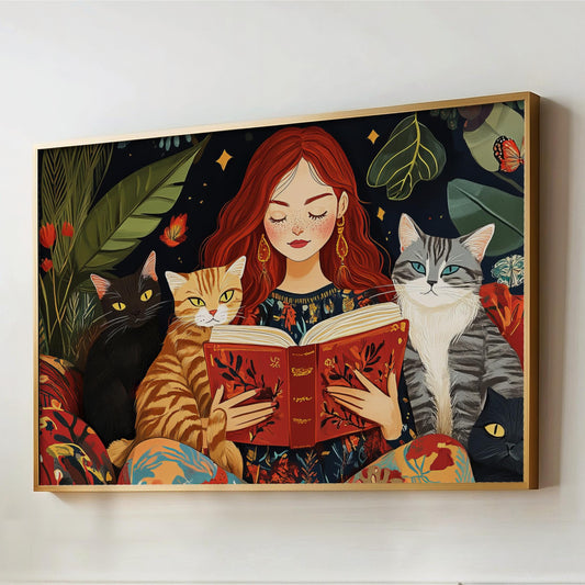 Boho Red Headed Beautiful Woman Reading with Cats Art, Book Lovers, Colorful Framed Canvas Print