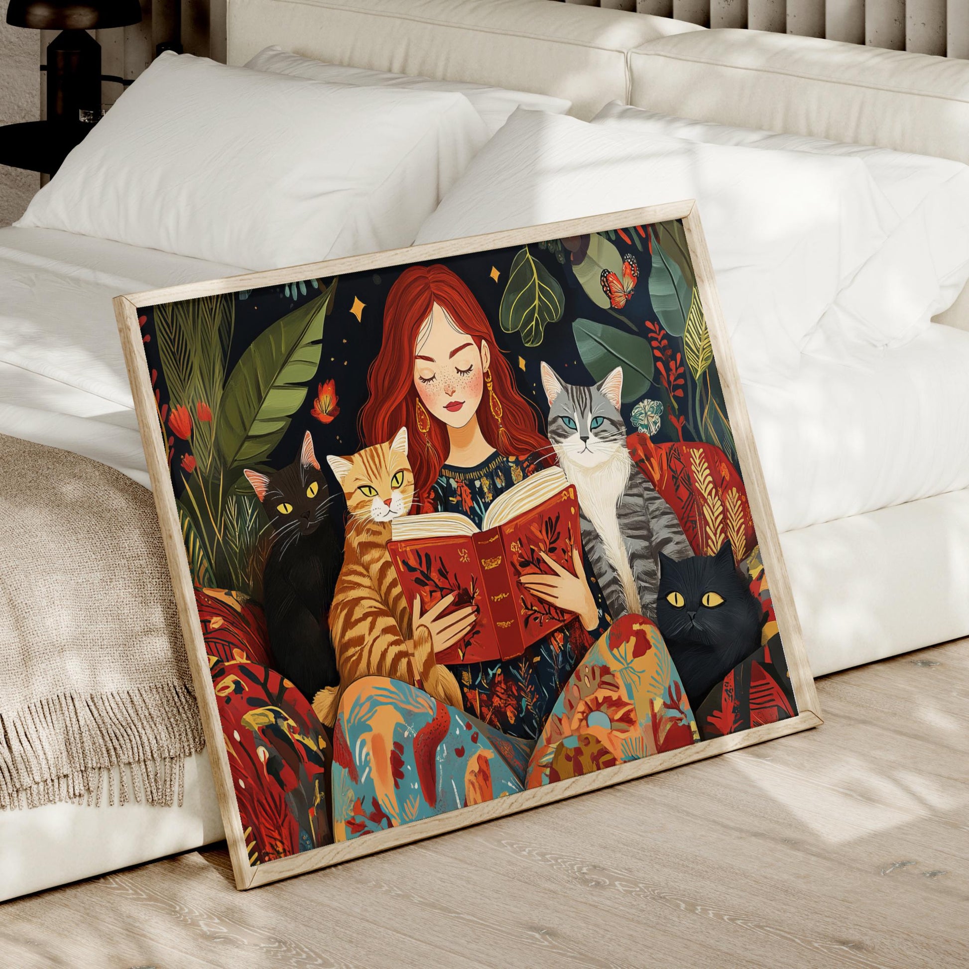 Boho Red Headed Beautiful Woman Reading with Cats Art, Book Lovers, Colorful Framed Canvas Print
