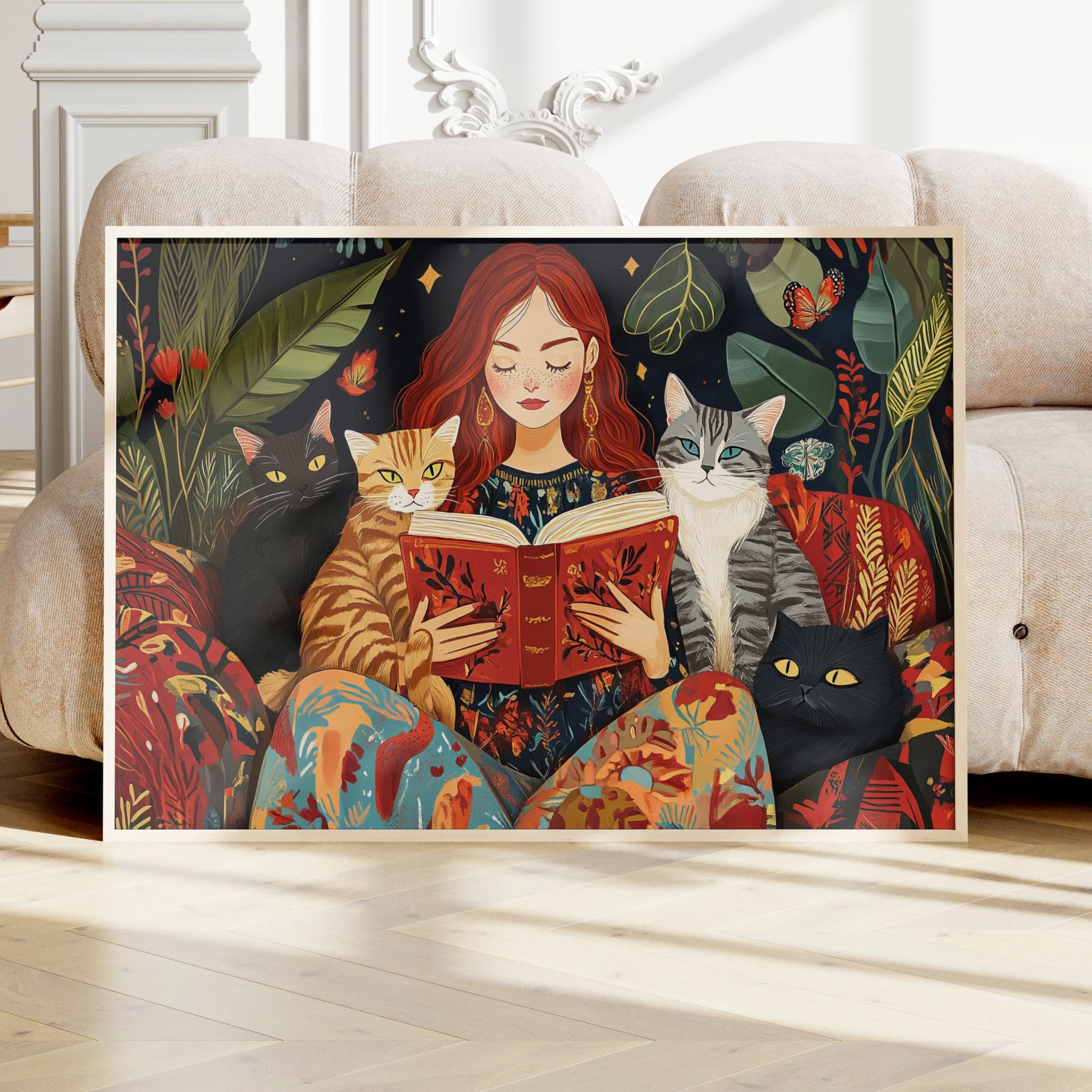 Boho Red Headed Beautiful Woman Reading with Cats Art, Book Lovers, Colorful Framed Canvas Print