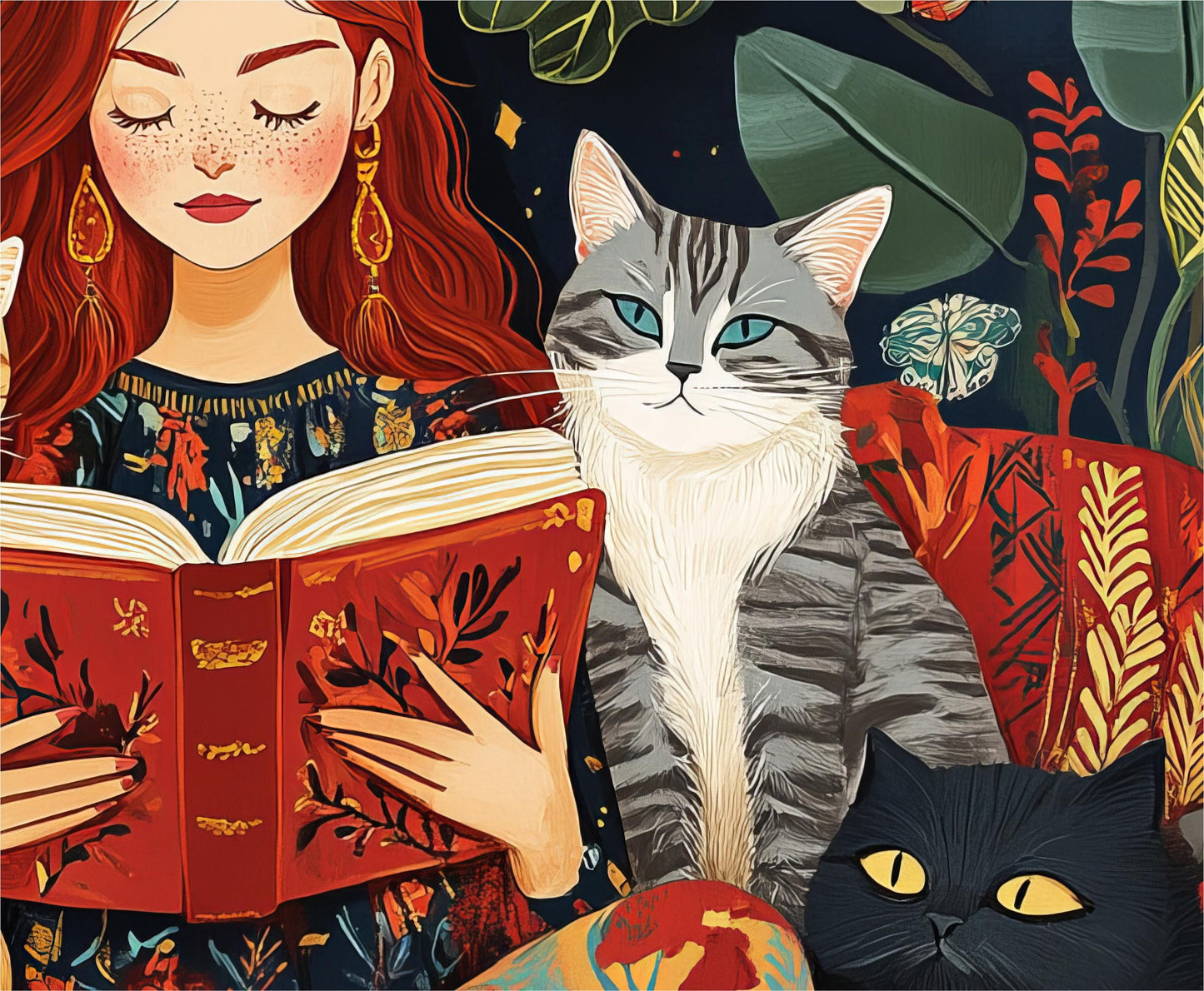 Boho Red Headed Beautiful Woman Reading with Cats Art, Book Lovers, Colorful Framed Canvas Print