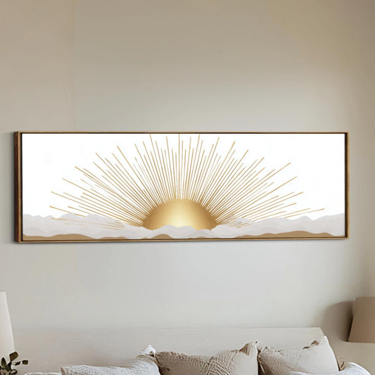 Boho Sun Neutral Wall Art, Modern Abstract Canvas, White Gray Gold Retro Decor, Ready To Hang Minimalist, Framed Horizontal Art Above Bed,