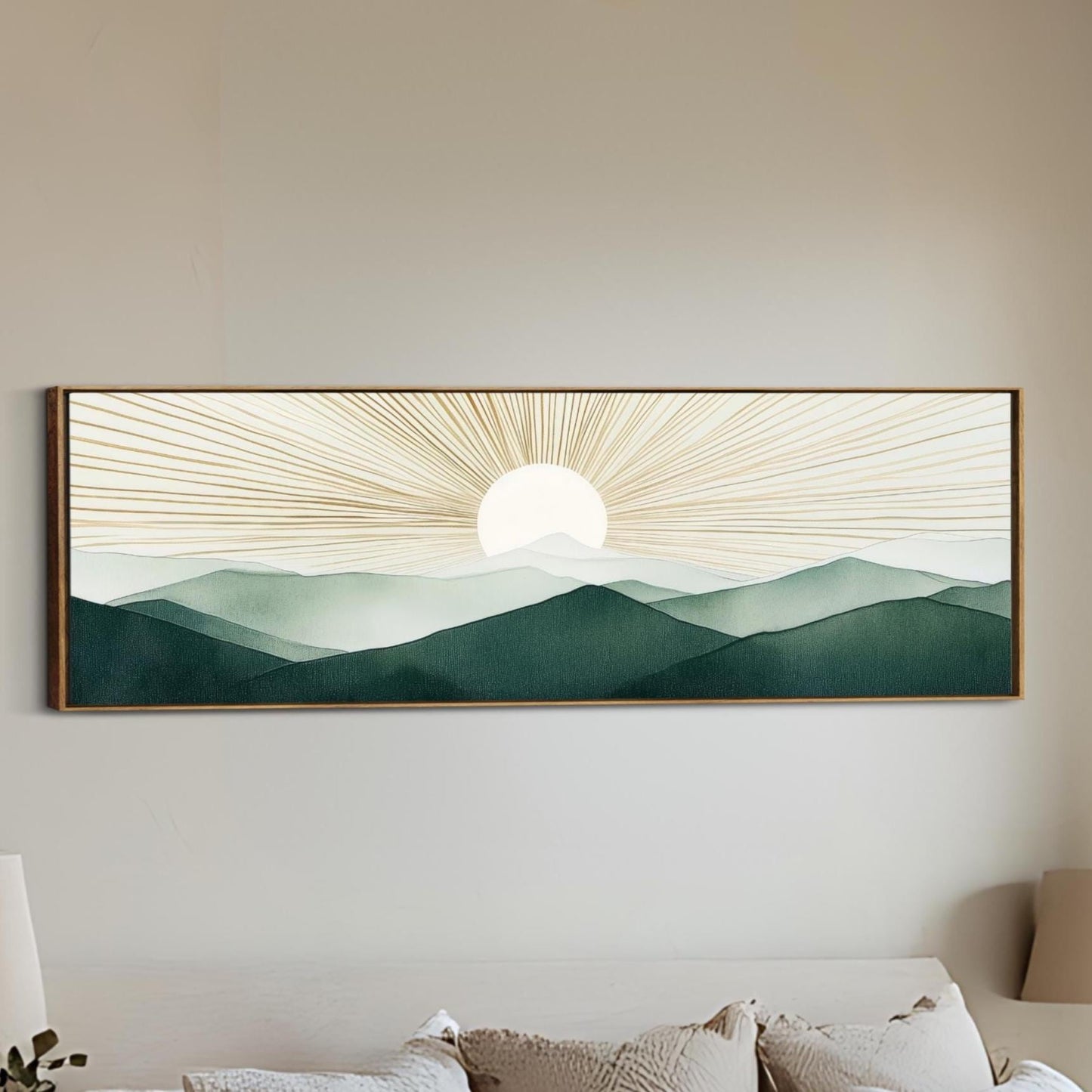 Boho Sun Wall Art, Modern Mountains Abstract Canvas, Green Gold Retro Decor, Framed Horizontal Art Above Bed Framed Ready To Hang Minimalist