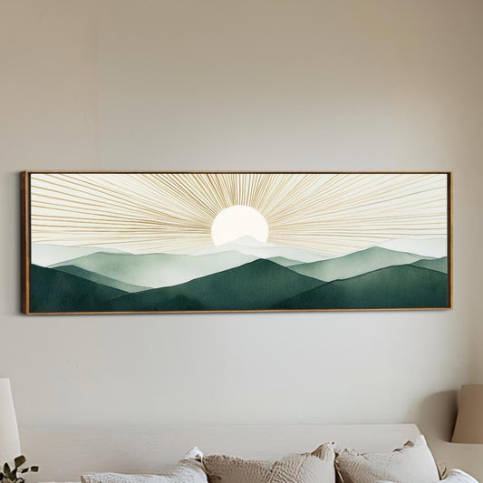 Boho Sun Wall Art, Modern Mountains Abstract Canvas, Green Gold Retro Decor, Framed Horizontal Art Above Bed Framed Ready To Hang Minimalist