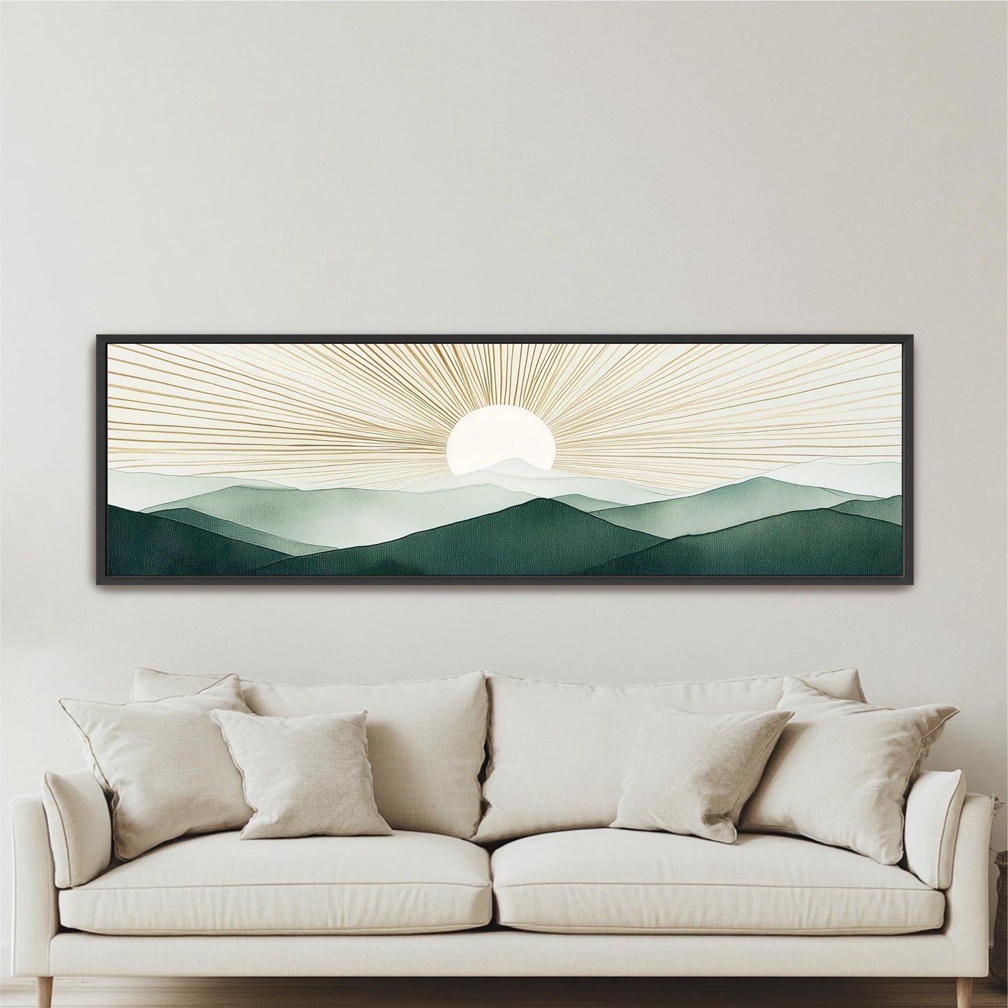 Boho Sun Wall Art, Modern Mountains Abstract Canvas, Green Gold Retro Decor, Framed Horizontal Art Above Bed Framed Ready To Hang Minimalist