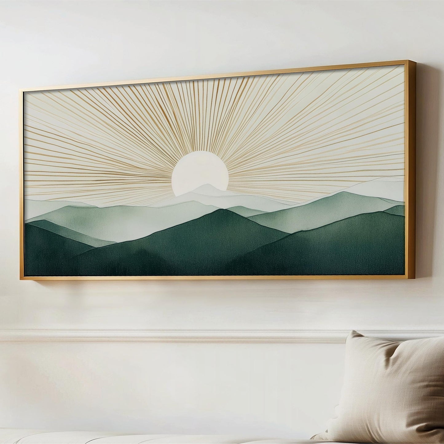 Boho Sun Wall Art, Modern Mountains Abstract Canvas, Green Gold Retro Decor, Framed Horizontal Art Above Bed Framed Ready To Hang Minimalist