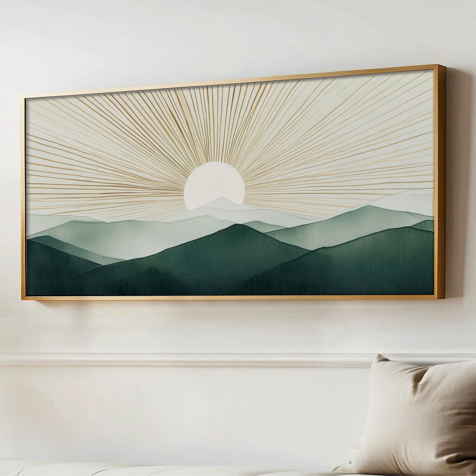 Boho Sun Wall Art, Modern Mountains Abstract Canvas, Green Gold Retro Decor, Framed Horizontal Art Above Bed Framed Ready To Hang Minimalist
