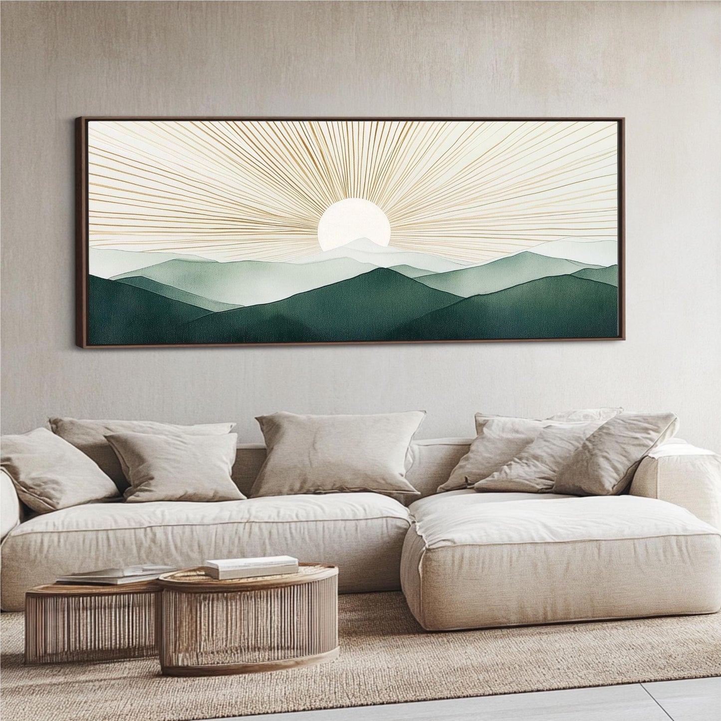 Boho Sun Wall Art, Modern Mountains Abstract Canvas, Green Gold Retro Decor, Framed Horizontal Art Above Bed Framed Ready To Hang Minimalist
