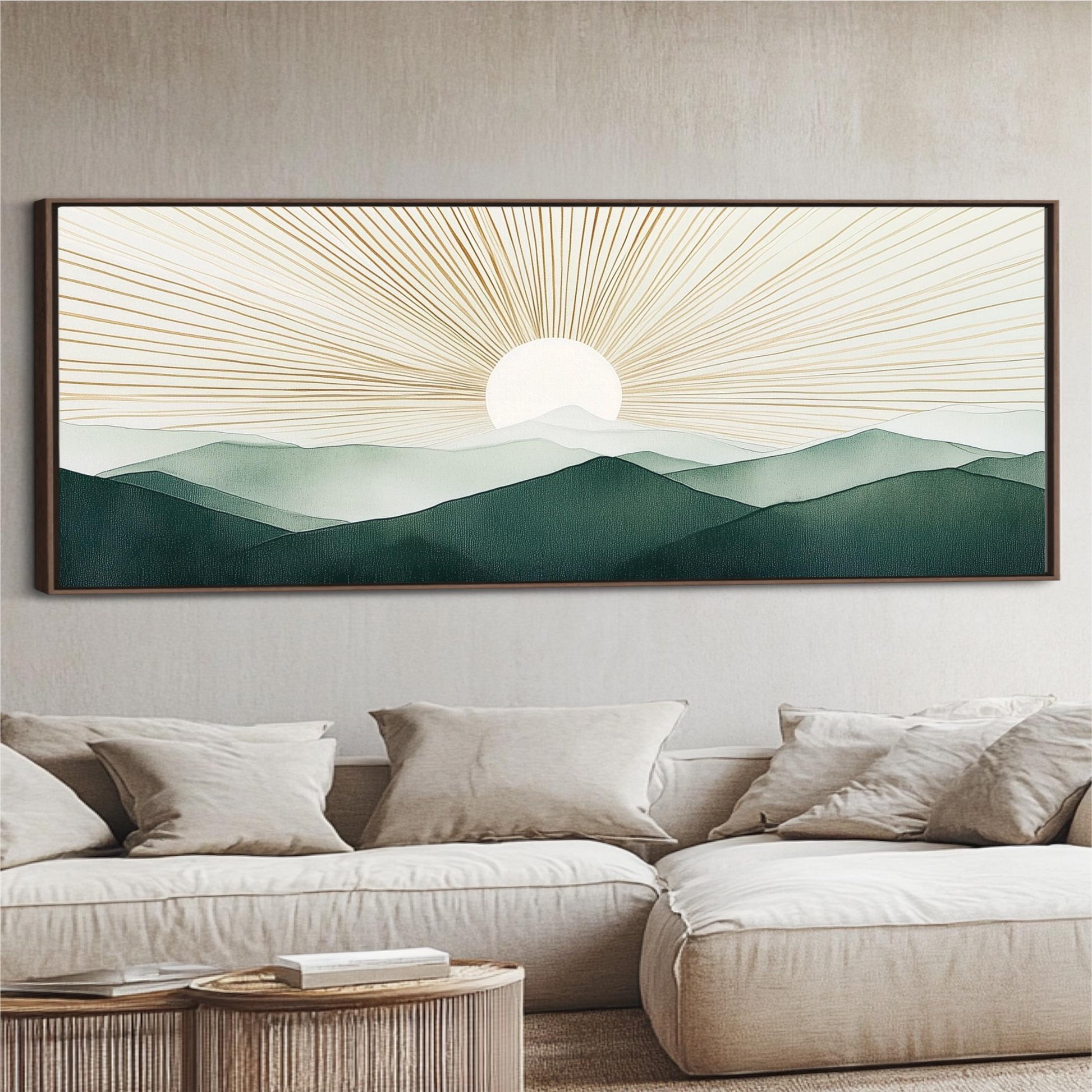 Boho Sun Wall Art, Modern Mountains Abstract Canvas, Green Gold Retro Decor, Framed Horizontal Art Above Bed Framed Ready To Hang Minimalist