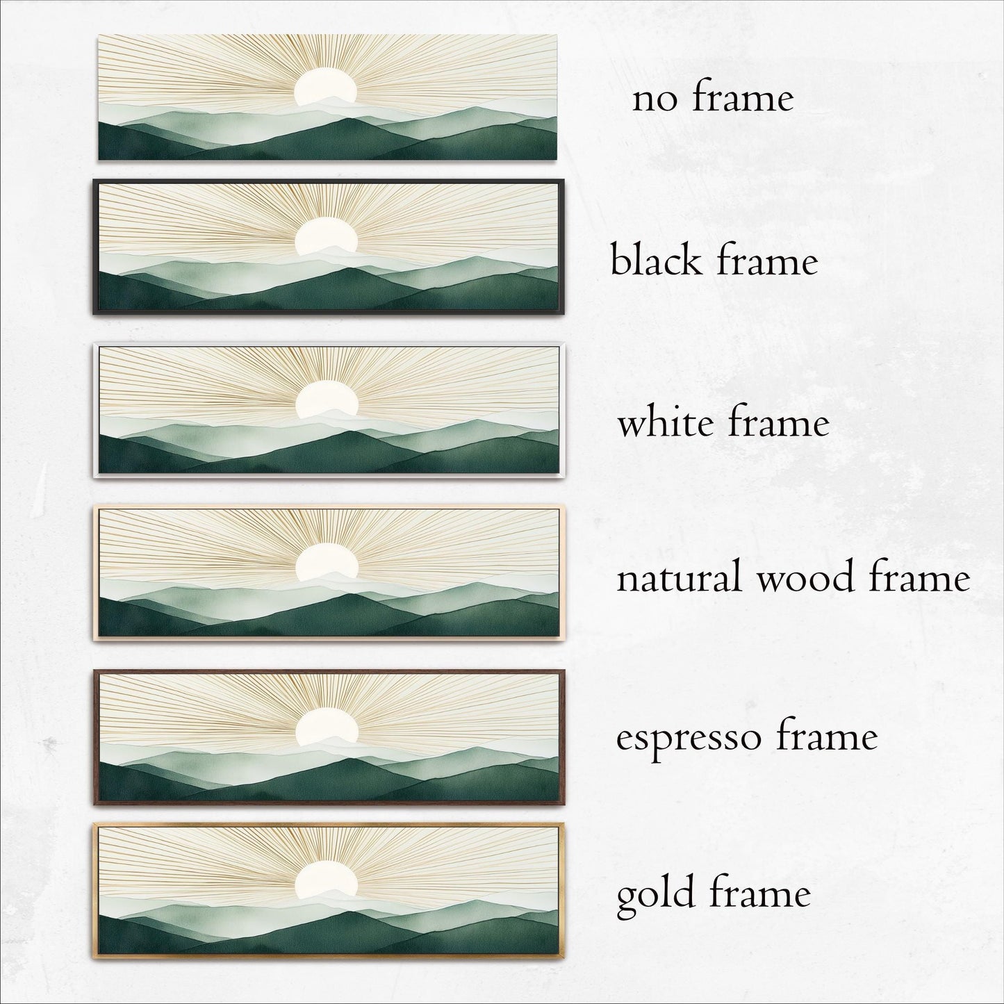 Boho Sun Wall Art, Modern Mountains Abstract Canvas, Green Gold Retro Decor, Framed Horizontal Art Above Bed Framed Ready To Hang Minimalist