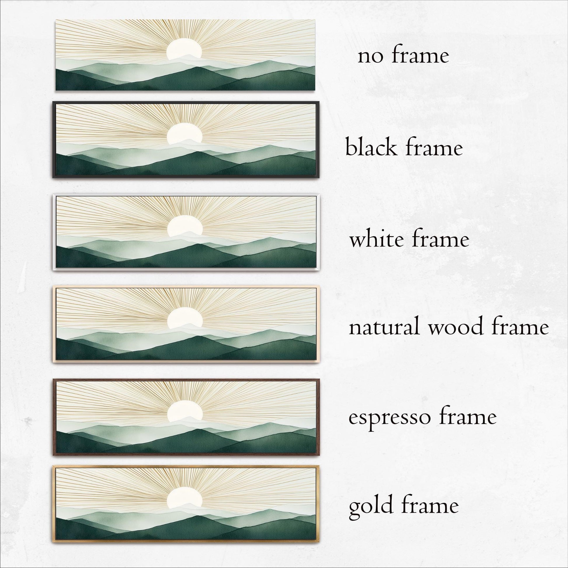 Boho Sun Wall Art, Modern Mountains Abstract Canvas, Green Gold Retro Decor, Framed Horizontal Art Above Bed Framed Ready To Hang Minimalist