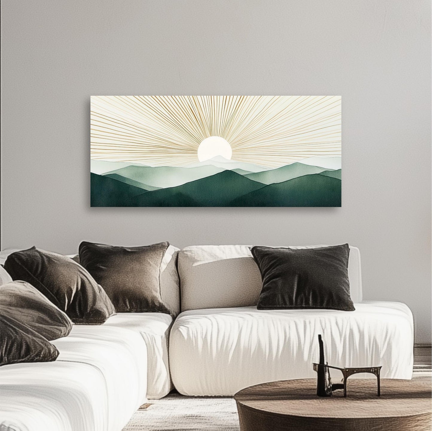 Boho Sun Wall Art, Modern Mountains Abstract Canvas, Green Gold Retro Decor, Framed Horizontal Art Above Bed Framed Ready To Hang Minimalist