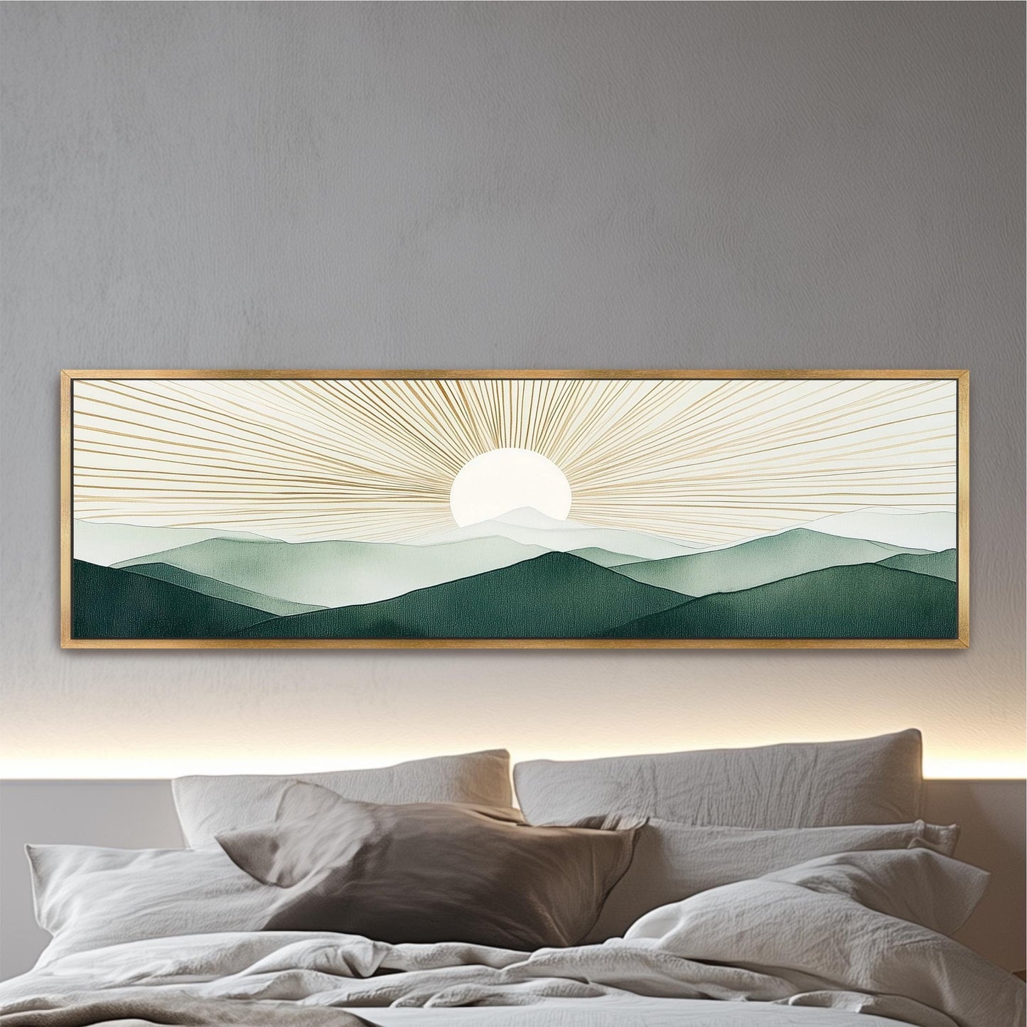 Boho Sun Wall Art, Modern Mountains Abstract Canvas, Green Gold Retro Decor, Framed Horizontal Art Above Bed Framed Ready To Hang Minimalist