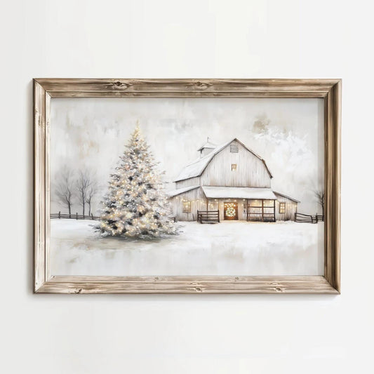 Christmas Barn Wall Art, Framed Print or Canvas, Rustic Winter Farmhouse, Holiday Decor,Horizontal Snowy Landscape Lights Tree SHIPPED
