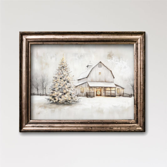 Christmas Barn Wall Art, Framed Print or Canvas, Rustic Winter Farmhouse, Holiday Decor,Horizontal Snowy Landscape Lights Tree SHIPPED