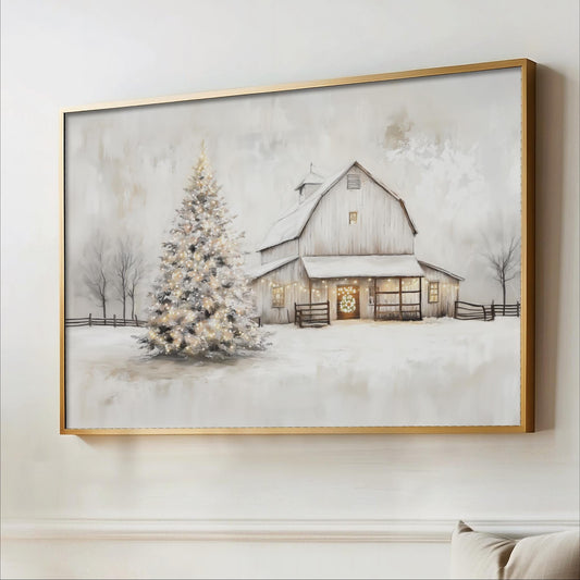 Christmas Barn Wall Art, Framed Print or Canvas, Rustic Winter Farmhouse, Holiday Decor,Horizontal Snowy Landscape Lights Tree SHIPPED